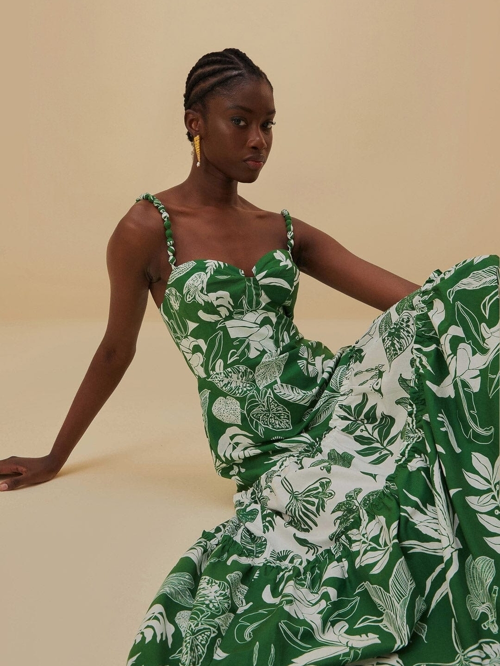 FARM Rio FOREST SOUL MIX Green and White Tropical Tiered Midi Dress Size L - Picture 2 of 6